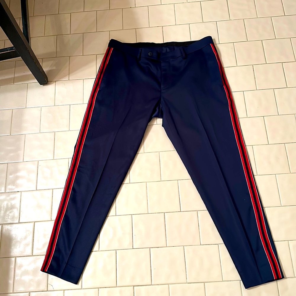 Calvin Klein Navy Blue w/burgundy n black stripe down the leg. Flat front slacks